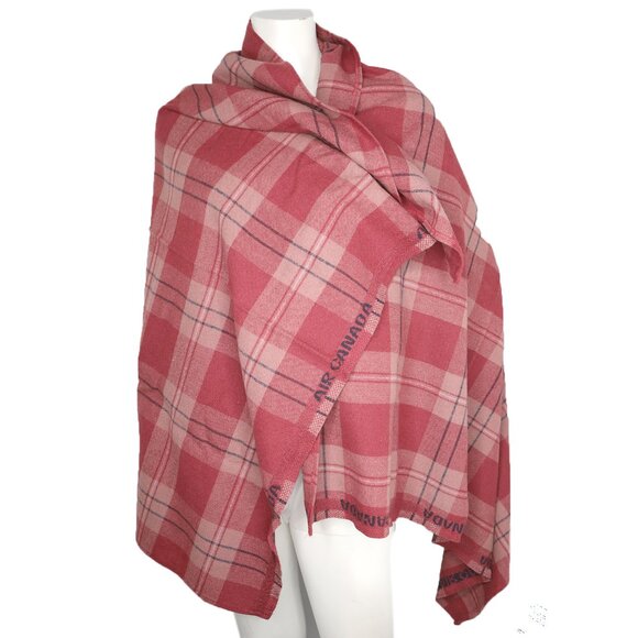 Vintage Air Canada Plaid Wool Blanket Red Checked Retro 70s Travel Red Pink Navy - Picture 9 of 9